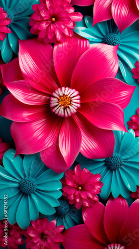 A turquoise and magenta striped pattern with a floral shape in the center