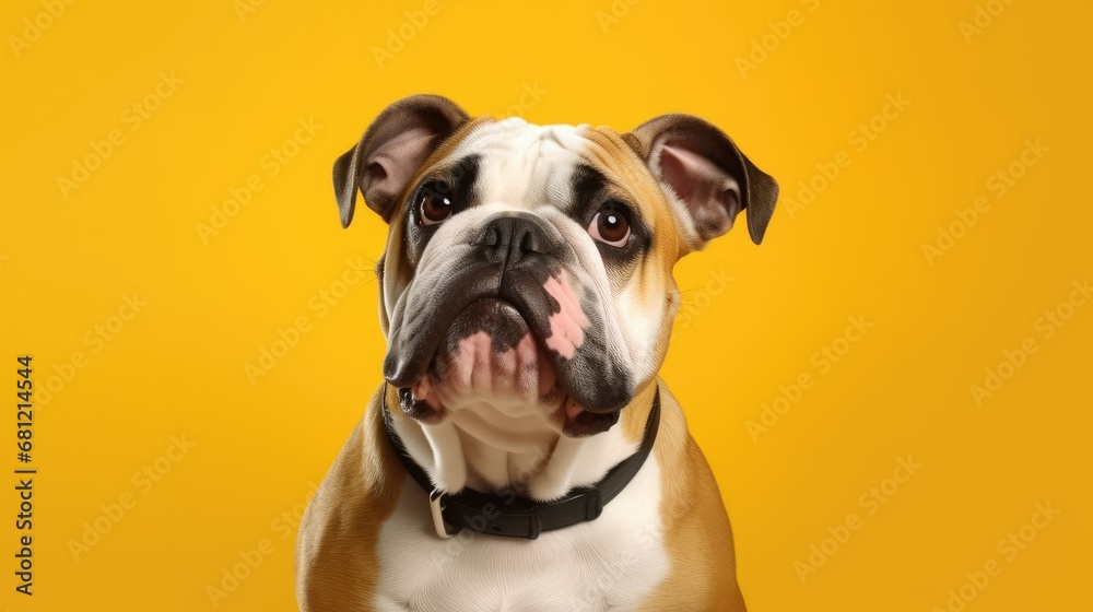 Close-up of joyful English Bulldog on clean yellow backdrop.