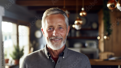 Charming mature man with a fashionable beard, silver hair, smiling confidently in a bright, modern kitchen, exuding sophistication and comfort in his well-appointed home
