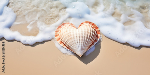 Fototapeta Naklejka Na Ścianę i Meble -  brown heart shaped seashell lying in the sand with the blue sea and soft waves in background