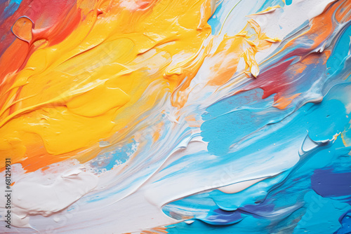A vibrant abstract painting with bold strokes of yellow  blue  orange  and white acrylic paint.