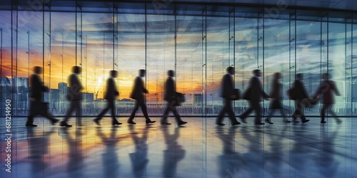 Hurry business people silhouettes walking during rush hour in their workplace. Motion blur effect and long exposure abstract photography