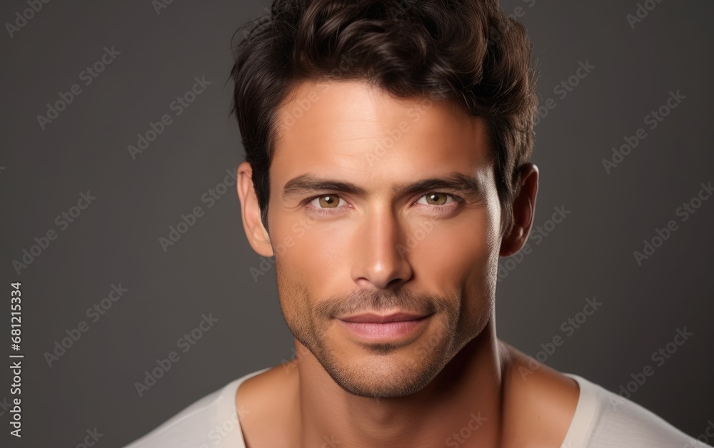 Face, beauty and eye of a man with clean, glow and healthy skin on a grey studio background for dermatology skin care.