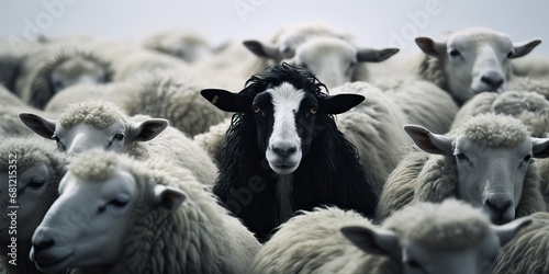 A black sheep among a flock of white sheep, raising head as a leader. Concept of standing out from the crowd, of being different and unique with its own identity and special skills among the others photo