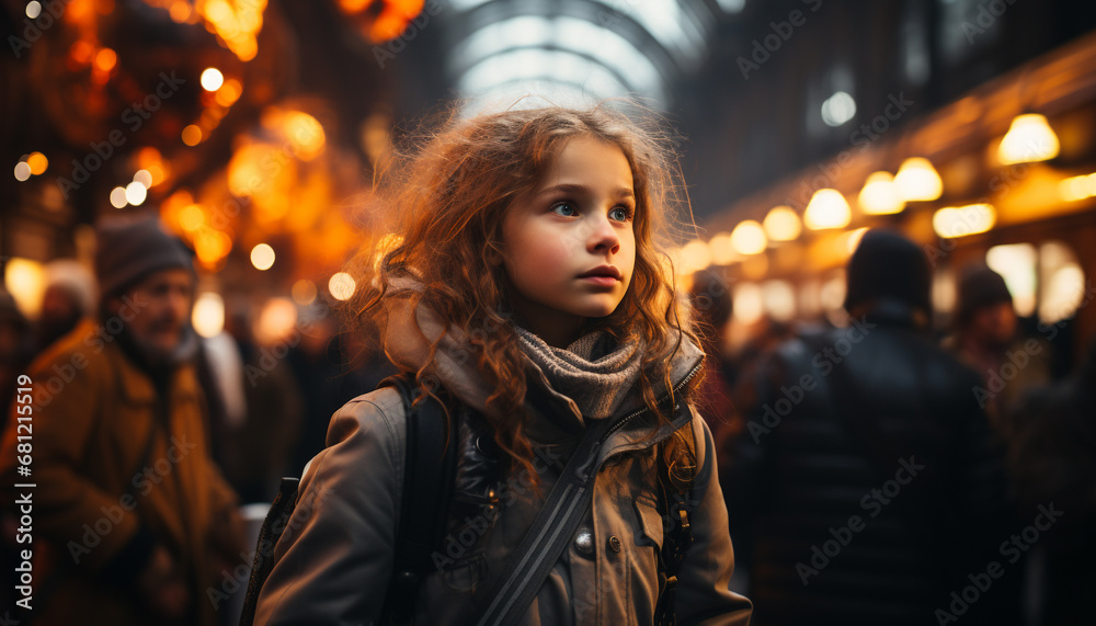 Young adults walking outdoors in the city at night, smiling generated by AI Young adults walking outdoors in the city at night, smiling generated by AI