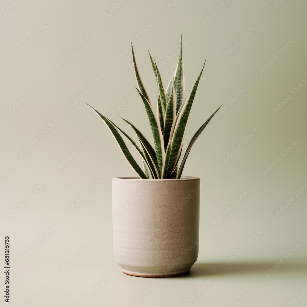 A snake plant with slender variegated leaves in a textured beige pot against a soft green background A snake plant with slender variegated leaves in a textured beige pot against a soft green background