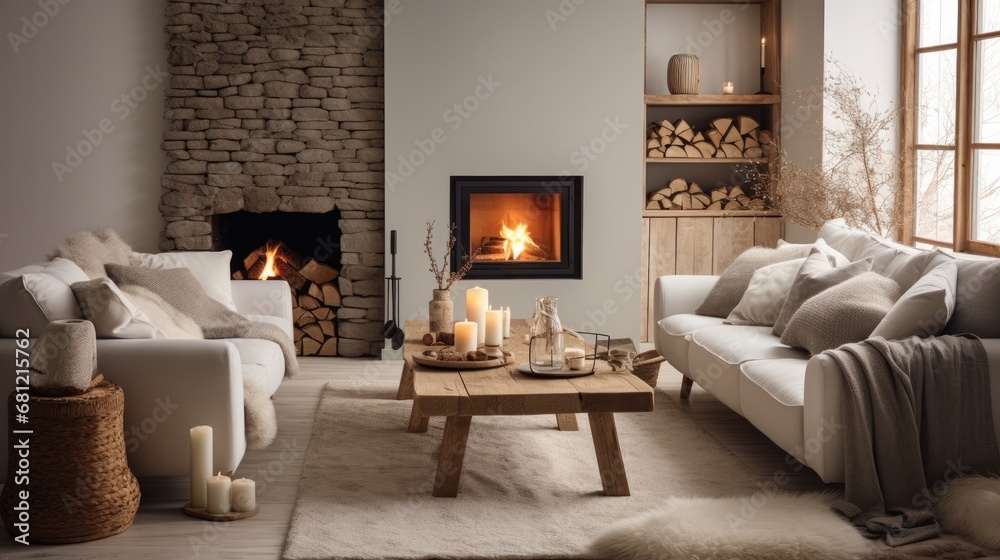 Cozy living room interior with plush sofas, a lit fireplace, wooden ...