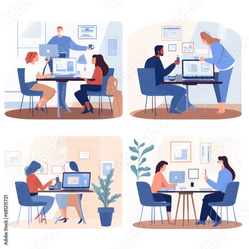 Four-panel illustration showcasing diverse groups of people in various collaborative and individual work settings