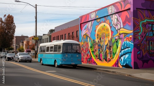 Eclectic urban mural with detailed figures and motifs, next to a vintage blue bus on a city stree