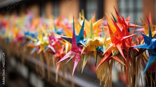 Close-up of a vivid array of paper origami cranes in a multitude of colors