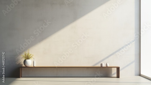 Minimalist interior with a wooden bench  white vases  and a delicate plant  bathed in soft natural light.