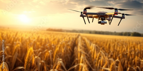 A drone flying over a golden wheat field at sunset, smart tech used for monitoring the fields in agriculture, automation innovation through artificial intelligence