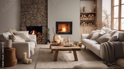  Cozy living room interior with plush sofas, a lit fireplace, wooden accents, and soft candlelight creating a warm atmosphere