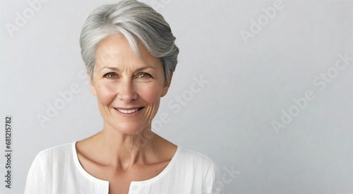 Mujer adulta con piel facial suave y saludable. Hermosa mujer madura con pelo gris y cara sonriente feliz. Concepto publicitario de belleza y cosmética para el cuidado de la piel y el cabello.
