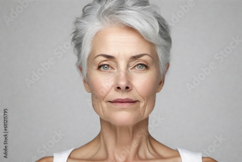 Mujer adulta con piel facial suave y saludable. Hermosa mujer madura con pelo gris y cara sonriente feliz. Concepto publicitario de belleza y cosmética para el cuidado de la piel y el cabello. photo