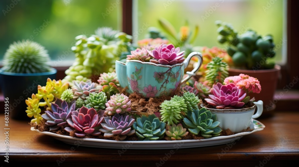 A whimsical teacup and saucer brimming with colorful succulents, set on a wooden table with a verdant outdoor view. A whimsical teacup and saucer brimming with colorful succulents, set on a wooden table with a verdant outdoor view.