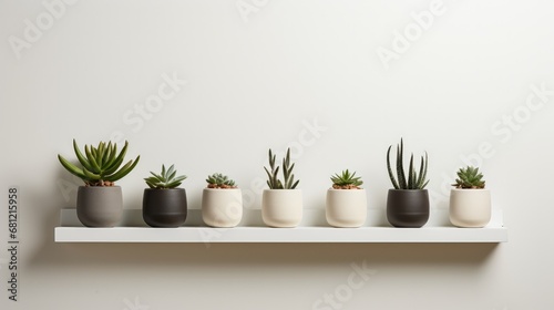 A neat display of succulent plants in matching grey and white pots on a white wall shelf against a clean backdrop.