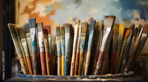 Generative AI, colorful used brushes in an artist's studio, aesthetic muted colors