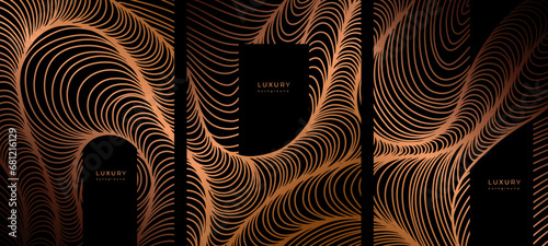 Set of luxury templates with golden wavy linear pattern. Line art. Gold waves on black background. Posters with geometric texture. Shiny curves. Abstract striped texture. Surface distortion