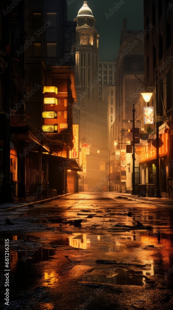 Night city, empty city streets after sunset