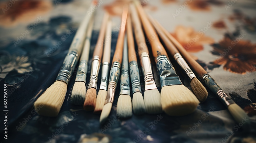 Generative AI, colorful used brushes in an artist's studio, aesthetic muted colors Generative AI, colorful used brushes in an artist's studio, aesthetic muted colors