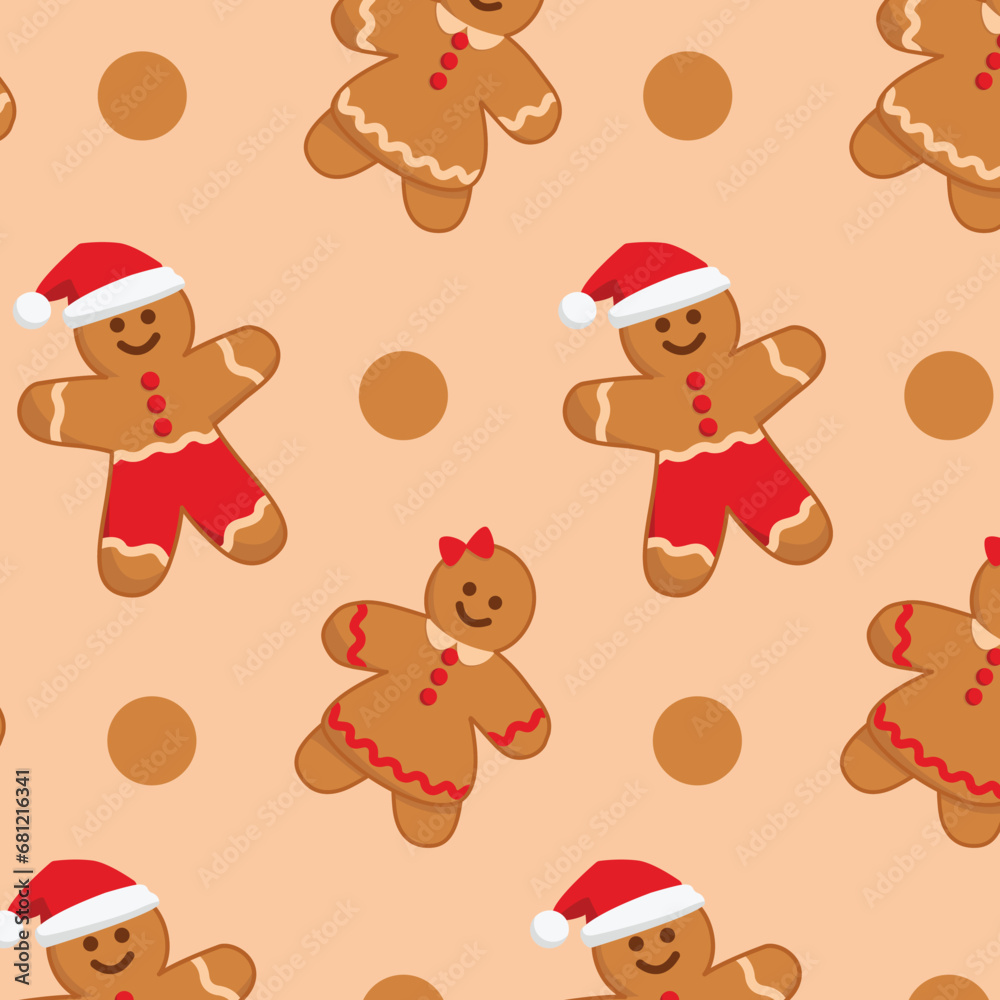 Fototapeta premium Vector seamless Christmas pattern with gingerbread men, gingerbread boy, gingerbread girl, vector illustration