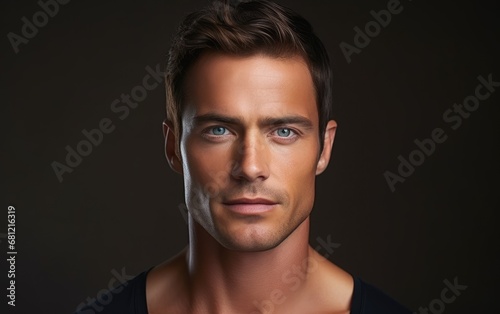 Face, beauty and eye of a man with clean, glow and healthy skin on a grey studio background for dermatology skin care.