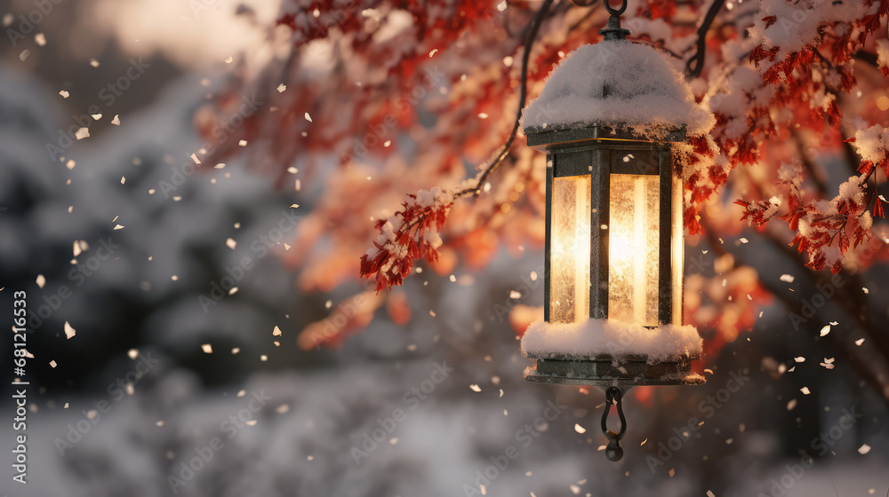 Christmas card with a Christmas lantern glowing on a snowy branch in the forest. Concept of magical holiday atmosphere. Christmas card with a Christmas lantern glowing on a snowy branch in the forest. Concept of magical holiday atmosphere.