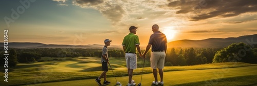 Dad teaches his child to play golf, dad and child on a golf course,banner photo