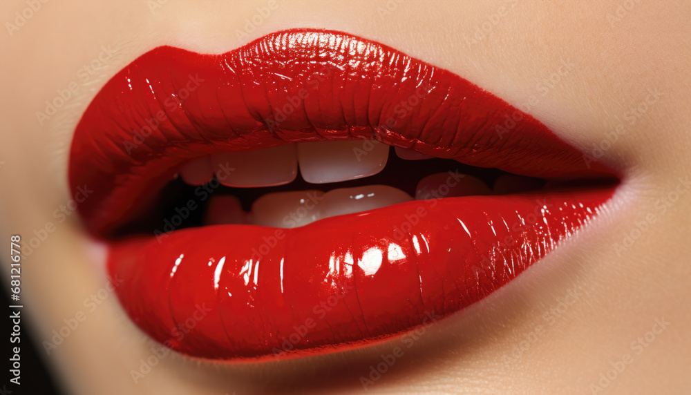 Obraz premium Close-Up of Glossy Red Lips with Subtle Shimmer