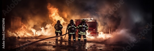 Firefighters next to a fire truck extinguishing a large fire, orange glow due to the fire, banner photo