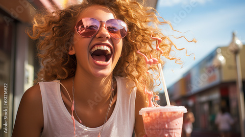 Laughing teenager  whimsical chameau with sunglasses and rose milkshake.