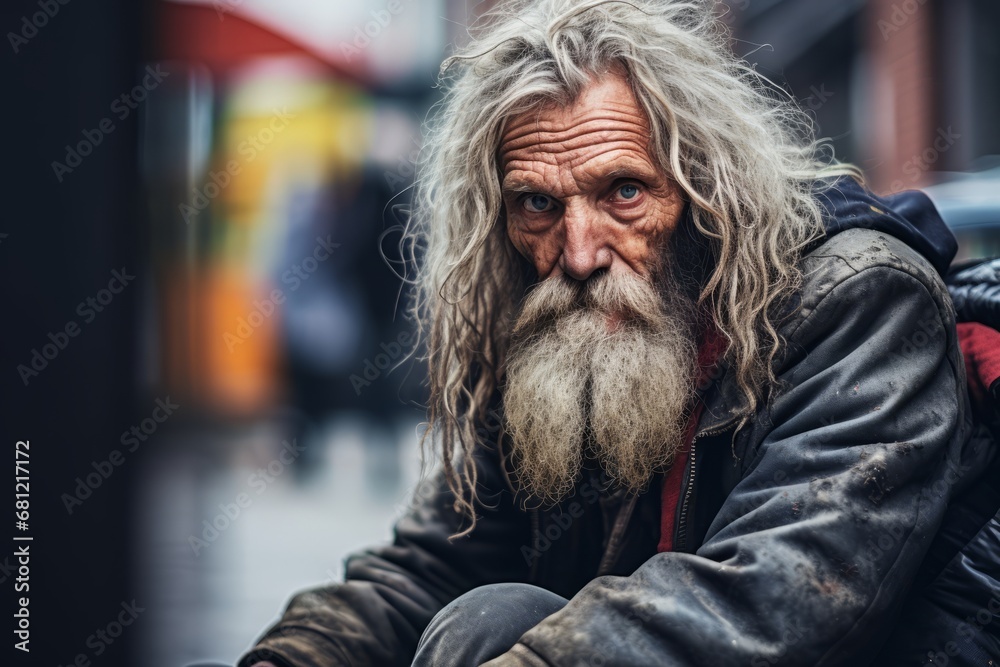 Homeless people close-up on city streets, housing problem Homeless people close-up on city streets, housing problem