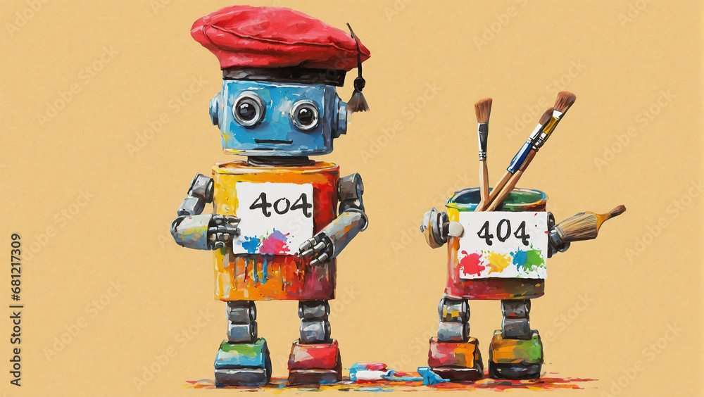 Two robot artists, whimsically adorned with splashes of paint and '404' signs, symbolizing a creative take on the common web error.