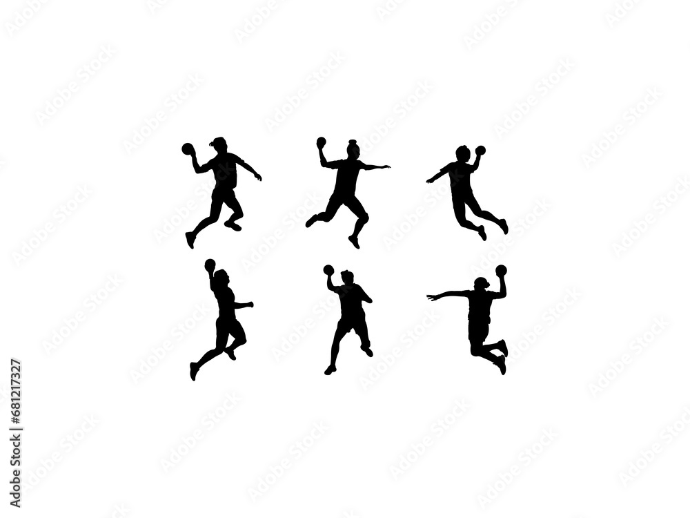 Set of Woman Handball Player Silhouette in various poses isolated on white background