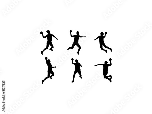 Set of Woman Handball Player Silhouette in various poses isolated on white background