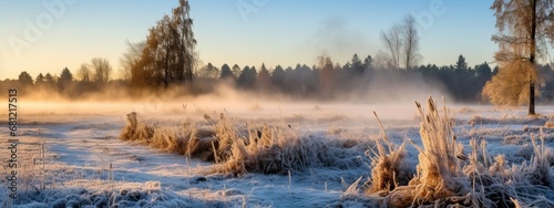 Cold season outdoors landscape, frost trees in a forest clearing ground covered with ice and snow, under the morning sun. Winter seasonal background photo