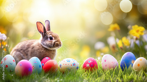 easter background - a bunny surrounded from easer eggs as decoration on a meadwo against golden bokeh background photo