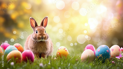 easter background - a bunny surrounded from easer eggs as decoration on a meadwo against golden bokeh background photo