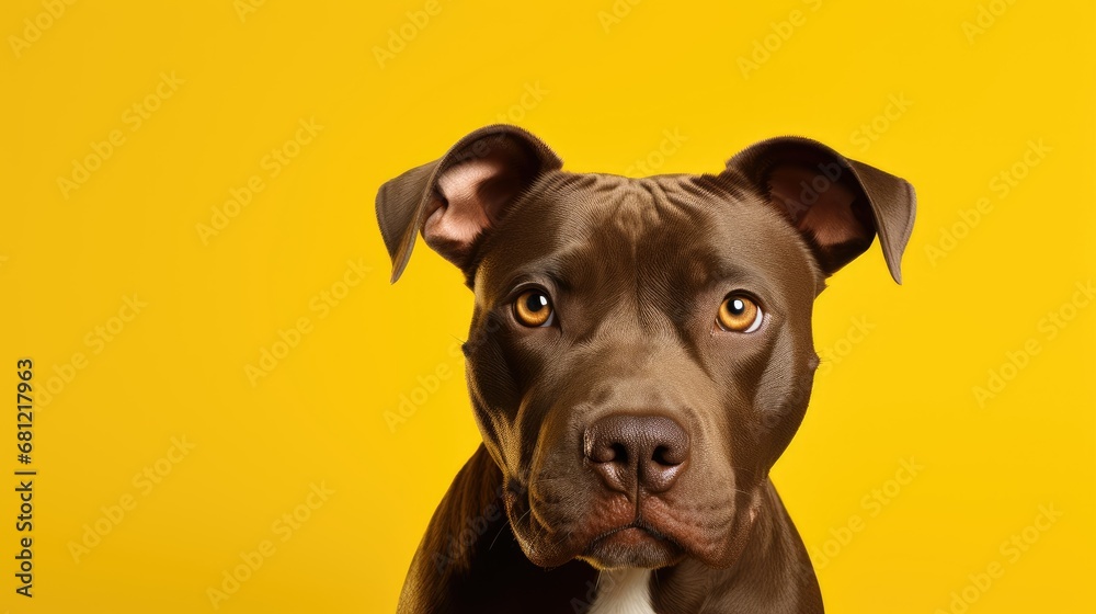 Close-up of joyful Pitbull on clean yellow backdrop.