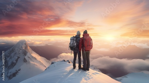 Happy couple of man and woman hikers on top of a mountain in winter at sunset or sunrise, together enjoying their climbing success and the breathtaking view, looking towards the horizon