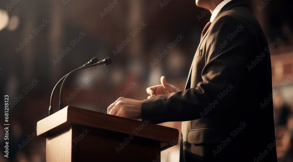 Politician speaks to an audience from the podium. Diplomatic speech, debate, political activity - obrazy, fototapety, plakaty 