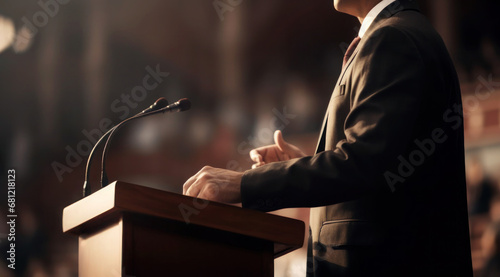 Politician speaks to an audience from the podium. Diplomatic speech, debate, political activity photo
