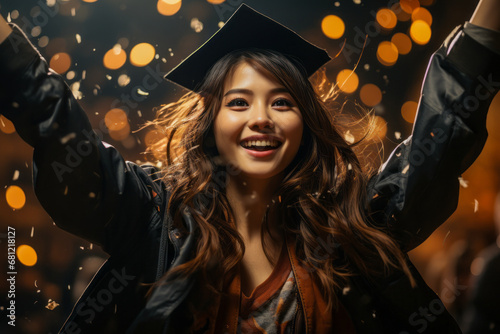 Jubilant graduate with raised arms under spotlight, manga-style university backdrop. photo