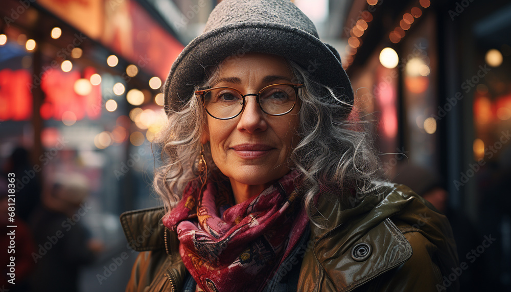 A beautiful young woman smiling, looking at camera in the city at night generated by AI