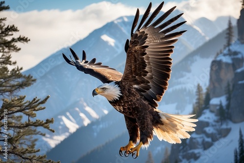 In the heart of a pristine wilderness, a magnificent eagle graces the sky, embodying the epitome of grace and power. © Kai