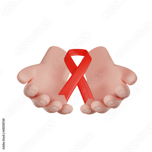 World AIDS Day. Volunteer hands holding a red ribbon. 3D vector render realistic icon