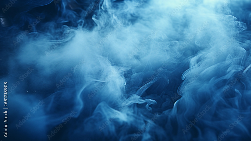 Abstract blue smoke on the black background. Blue mist on the ground. Fog backdrop.