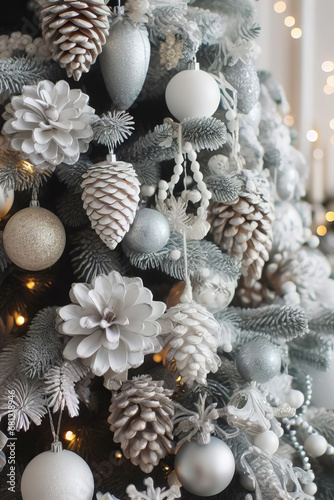 Decorated Christmas tree closeup. Silver white Christmas tree decoration with painted pine cones