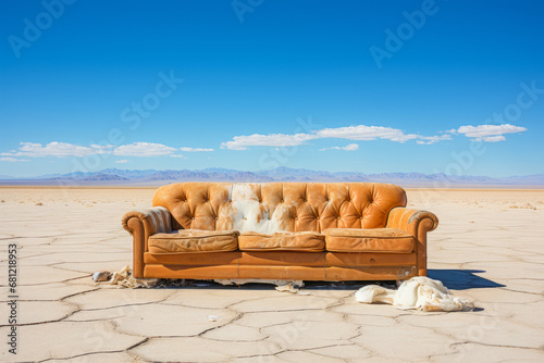 Abandoned couch in salt desert